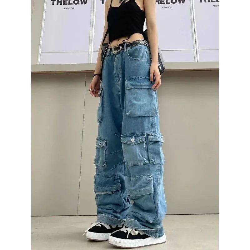 lovwvol Multi-Pocket Blue Washed Jeans Cargo Pants Y2k Retro Streetwear Fashion High Waist Jeans Couple Harajuku Casual Wide Leg Pants