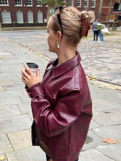 lovwvol PU Leather Zipper Jacket For Women Retro Lapel Loose Casual Long Sleeve Coat Tops Autumn Fashion Motorcycle Outwears