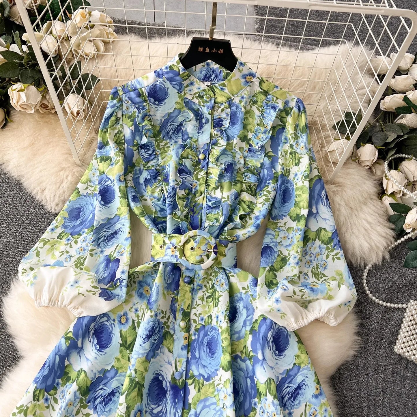 lovwvol Summer Holiday Linen Dress Women Clothing Stand Ruffles Long Lantern Sleeve Flower Print Single Breasted Belt Mini Vestidos