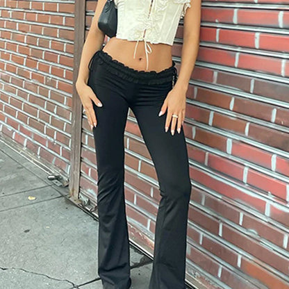 Y2k Ruffles Low Waist Sexy Women Pants Gothic Skinny Fashion Boot Cut Trousers Grunge Female Skinny Streetwear Autumn