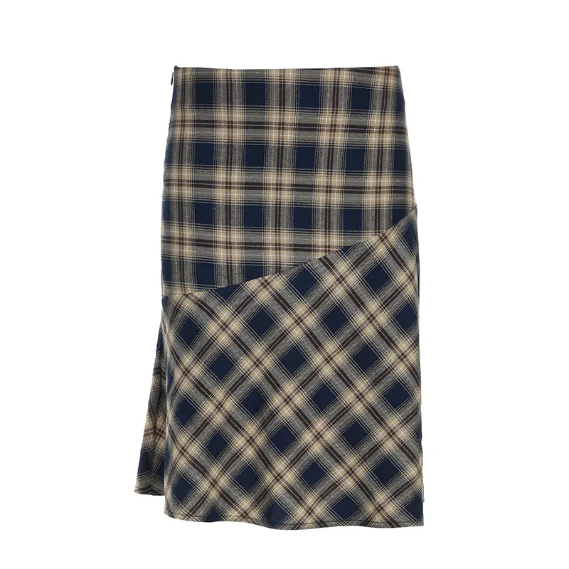 lovwvol Vintage y2k England Style Midi Skirt Japanese Korean Chic Plaid Skirt Women Stitched Bottoms Preppy Checkered Outfits