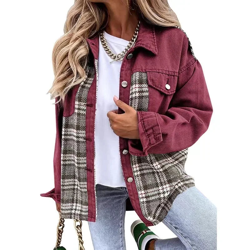 lovwvol  -  New Autumn Women Button Coat Spring Irregular Tops Outwear Mujer Vintage Fashion Plaid Print Patchwork Denim Jacket Elegant