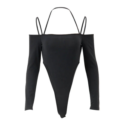 lovwvol  -  Sexy Off Shoulder Halter Bodysuit Aesthetic Spaghetti Straps Long Sleeve T Shirt Women Slim Fit Party Clubwear Bodysuits