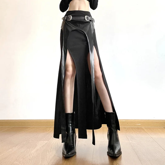 Grunge Punk Irregular Party Long Skirts Cyber Gothic Y2k Faux Pu Patchwork Midi Skirt Women Techwear Sexy Split Bottom