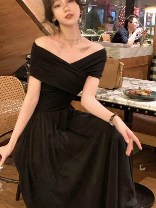 New Summer Slash Neck Long Dresses for Women Solid Casual A-line Evening Party Dress Korean Chic Prom Robe Elegant Vestidos