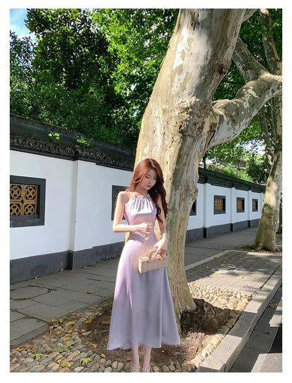 Summer Elegant Backless Satin Midi Dresses for Women Korean Fashion Sleeveless Slim Evening Party Female Casual Clothing