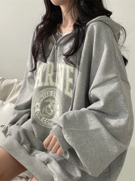 Hip Hop Zip Up Oversized Hoodies Women Harajuku Letter Print Sweatshirts Gray Vintage Loose Fleece Winter Tops Grunge