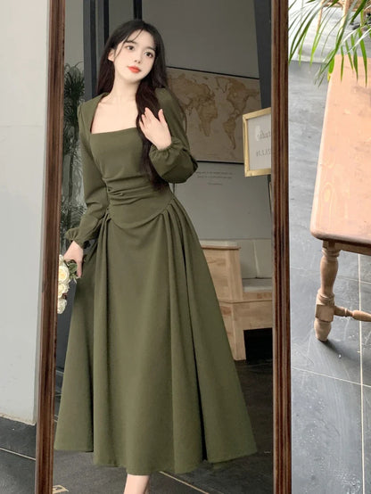 lovwvol Summer Elegant Party Casual Lady Long Dresses Retro Folds Puff Sleeves Fashionable Sexy Design Slimming Waist Green Dress