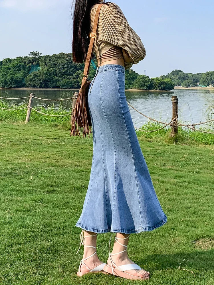 lovwvol  -  Korean Casual High-waisted Denim Mermaid Skirt Women's Spring Fashion Tight Slit Wrap Hip Skirt Female Clothing