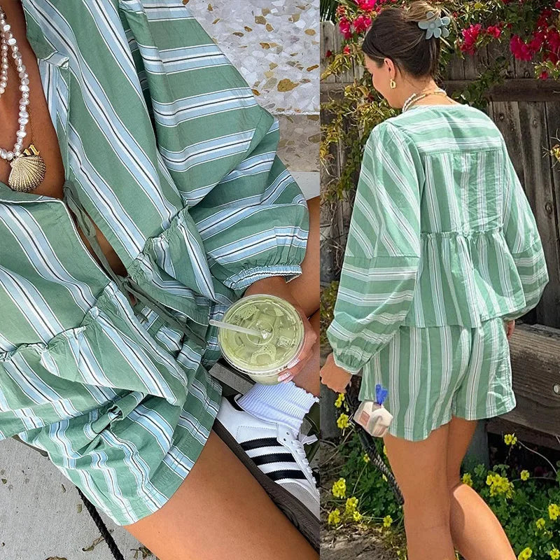 lovwvol Striped Lace Up Shirt Shorts Set Women Loose O-neck Lantern Sleeve Blouse Suit 2 Piece 2024 Summer Lady Loose Solid Beachwear