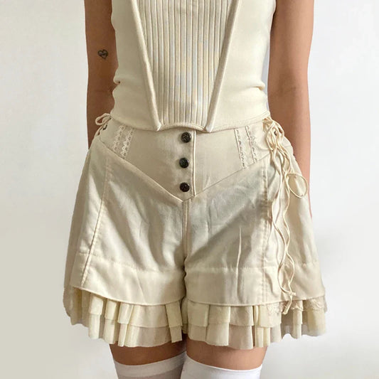 lovwvol Fashion Chic Ruffles Spliced High Waist Shorts Women Lace Trim Buttons Coquette Clothes Summer Shorts Tie Up Outfits