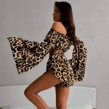 lovwvol  -  Leopard Print Causal Nightwear Shorts Suits Flare Sleeve Cropped Tops And Shorts Two Piece Sets Summer Fall