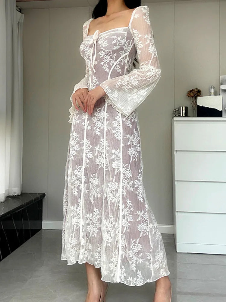 Ladies Elegant Lac-up Square Neck Print Long Sleeve Long Dress Women Sexy Autumn Sexy Lace Backless Slim Outfits