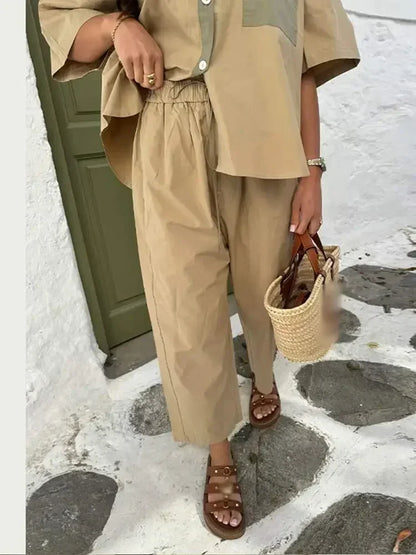 lovwvol  -  Women Casual Color Matching Shirt Pants Suit Chic Lapel Single-breasted  Loose Half Sleeved Blouse Straight Trousers Lady Set