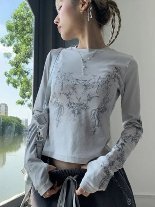 lovwvol Y2K T Shirts Women Vintage O-neck Tee Ladies Long Sleeve Grunge Print  Casual Crop Tops Female Graphic Japanese Streetwear