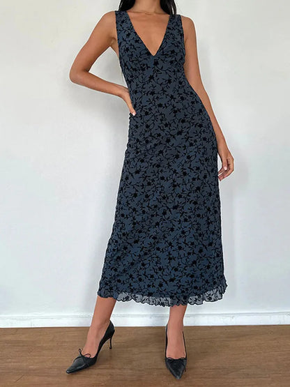 lovwvol Summer Printed Deep V Long Dress Women's Fashion Floral Contrast Color Sleeveless Waist Slim New Evening Dress Long Dress