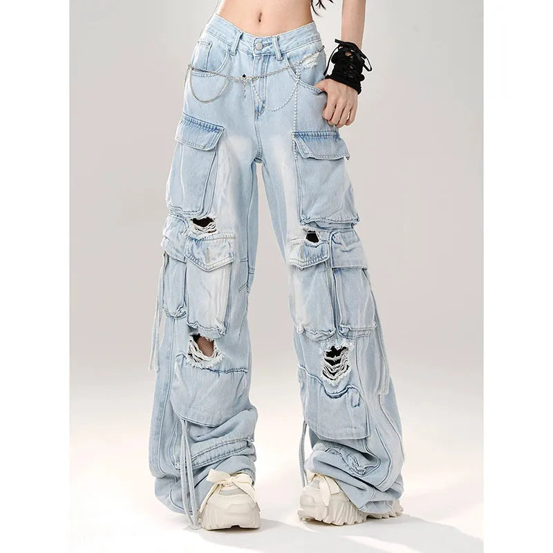 lovwvol Women Blue Pocket Baggy Cargo Jeans Harajuku Streetwear 90s Y2k Oversize Denim Trousers Vintage 2000s Style Trashy Jean Pants