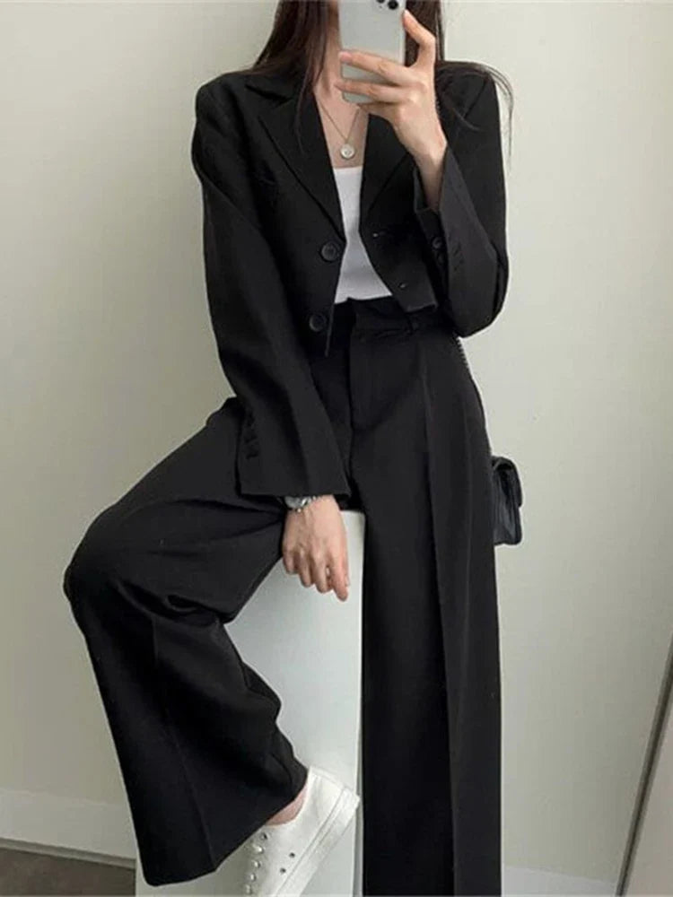 lovwvol Two Piece Sets Women Outifits Fall Office Lady Pants Korean Blazer Suits Long Sleeve Fashion Coat Black High Waisted Pants