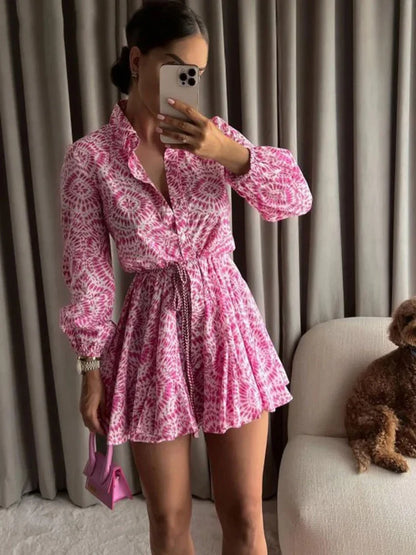 Women's Fashion Paisley Floral Printed Belt Mini Shirt Dress Elegant And Sweet Dresses Sexy Long Sleeve Dresses