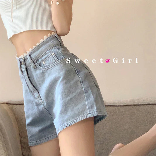 lovwvol Women's Lace Design A-line Denim Shorts Summer New Sweet Girl High Waisted Sexy Hot Pant Female Wide-leg Mini Trousers