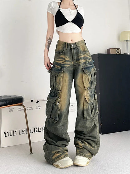 lovwvol Women's Tie Dyed Patterns Multiple Pockets Unisex Jeans Street Summer Trousers Young Girl Street Bottoms Female Denim Pants