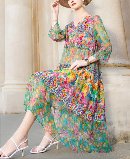 lovwvol High Quality Summer 2024 Beach Boho Vintage Print Silk V Neck Dress Elegant Party Robe Designer Vestidos Loose Midi Dresses