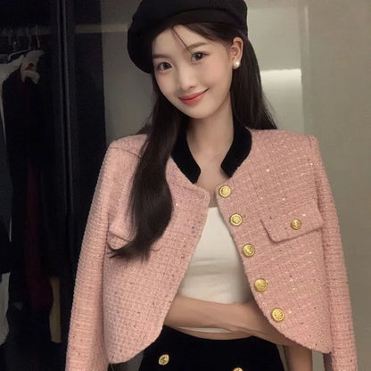 Women's Tweed Cropped Jackets Elegant Pink Single-Breasted Short Coat Ladies Korean Fashion Slim Small Fragrant Outwear