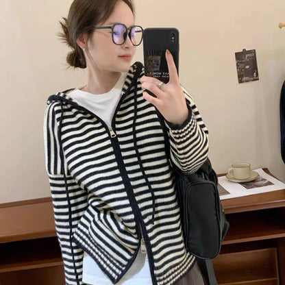 Contrast Color Striped Fashion Casual  Hooded Cardigans Autumn Sweet Sweaters Y2k Aesthetic All Match Women Dual Zippers Tops