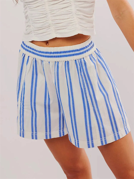 lovwvol Women Striped Print Shorts Elastic Waist Loose Casual Shorts with Pockets Summer Streetwear Going Out Short Pants New