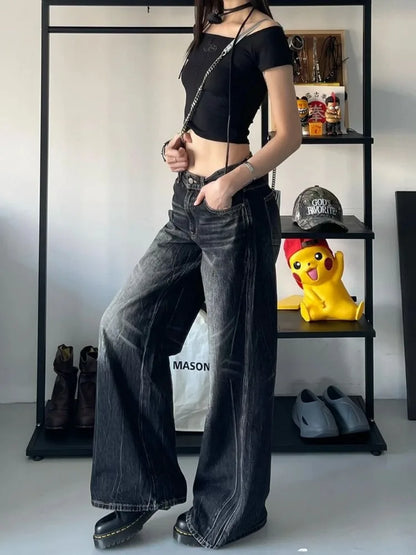 lovwvol Grunge Y2k Black Jeans Women Baggy Vintage High Street Oversized Denim Trousers Gothic Gyaru 2000s Acubi Fashion Jeans