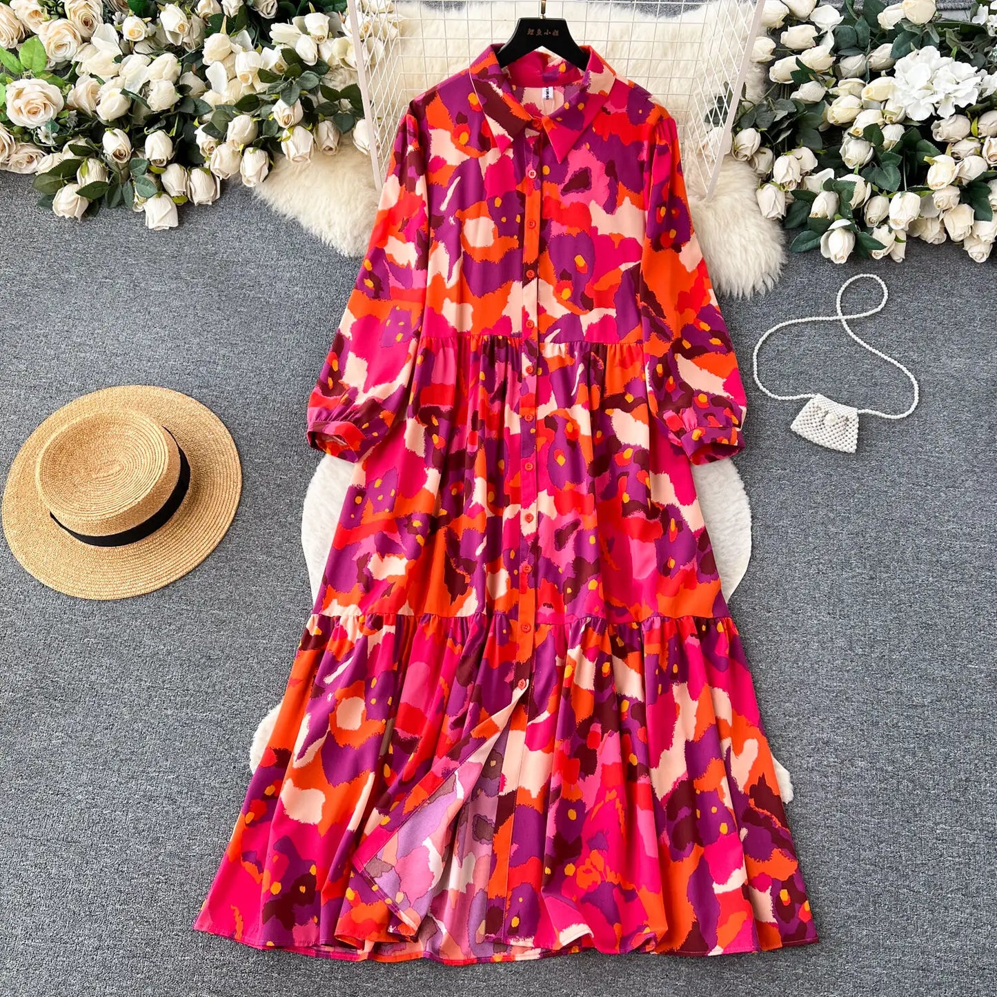 Fragment Flower Dress Women's French Lazy Style Relaxed Long Sleeve Lapel Single Breasted Dresses Girl's Holiday Shop Long Dress