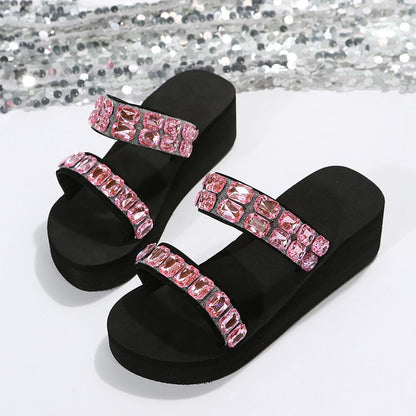 Shiny Crystal Wedges Slippers Women Summer 2023 Thick Soled Beach Sandals Woman Outdoor Slides Plus Size 42 Platform Flip Flops