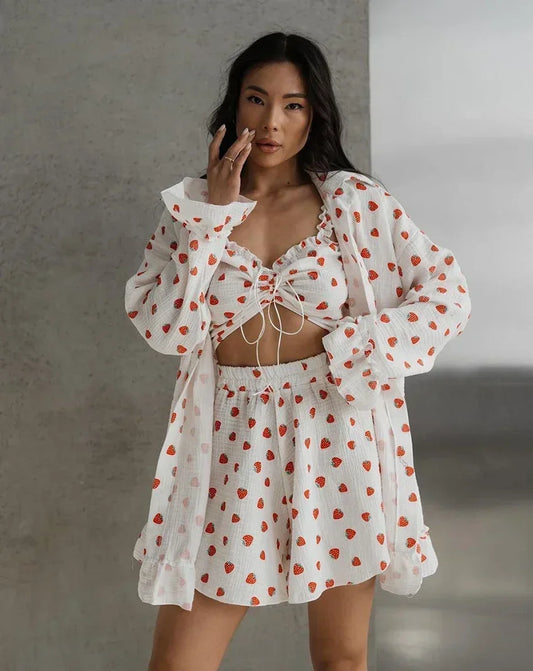 lovwvol  -  Printing Strawberry Three Pieces Sets Cotton Shorts With Corsets Women Homewear 3 Pieces Suits Summer Autumn