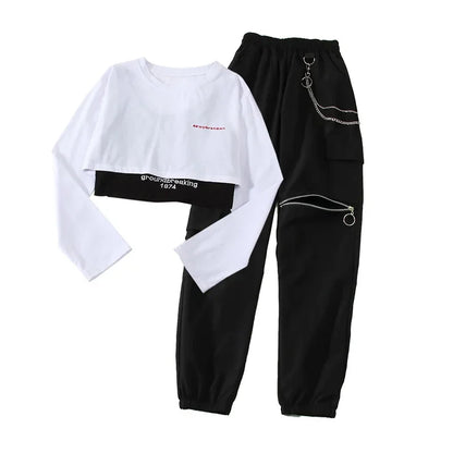 Fashion Jogger 3 Piece Sets Women New High Waist Cargo Pants with Chain Streetwear Casual Hip Hop Long Sleeve Crop Tops