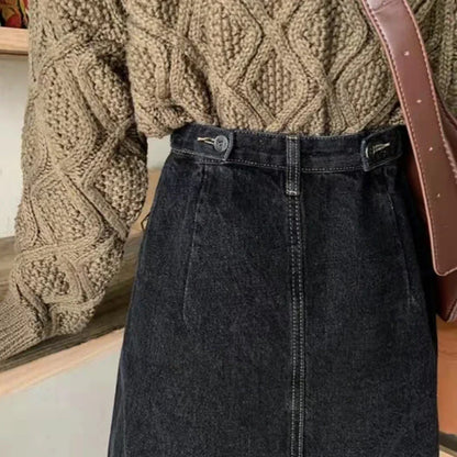 lovwvol  Korean Chic Denim Midi Skirt Women 2022 Spring High Waist Simple Medium-long Skirts Vintage All-match Streetwear Skirt