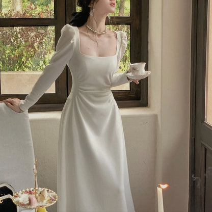 Spring New Elegant Square Collar Midi Party Dresses for Women Long Sleeve Black White Slim Vestidos Female High Waist Clothes