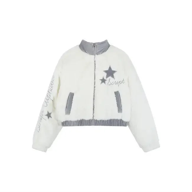 Harajuku Cropped Jacket Women Autumn Winter Vintage Zipper Fluffy Coat Y2k Aesthetic Star Embroidery Faux Fur Jackets