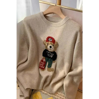 lovwvol Women's Sweet Vintage Knitting Long Sleeve Casual Pullovers 2024 Spring Winter Fashion Round Neck Bear Appliques Loose Sweater