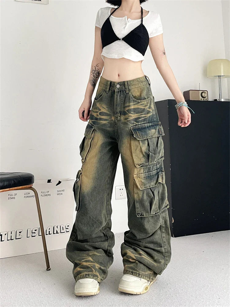 lovwvol Women's Tie Dyed Patterns Multiple Pockets Unisex Jeans Street Summer Trousers Young Girl Street Bottoms Female Denim Pants