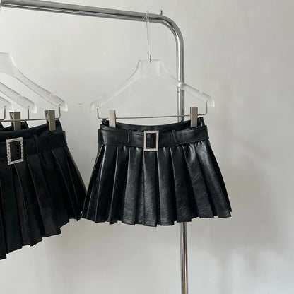 lovwvolSexy Black Leather A-Line Skirt With Belt Women PU High Waist Baggy Short Pleated Skirt Punk Vintage  Y2K Streetwear Gothic