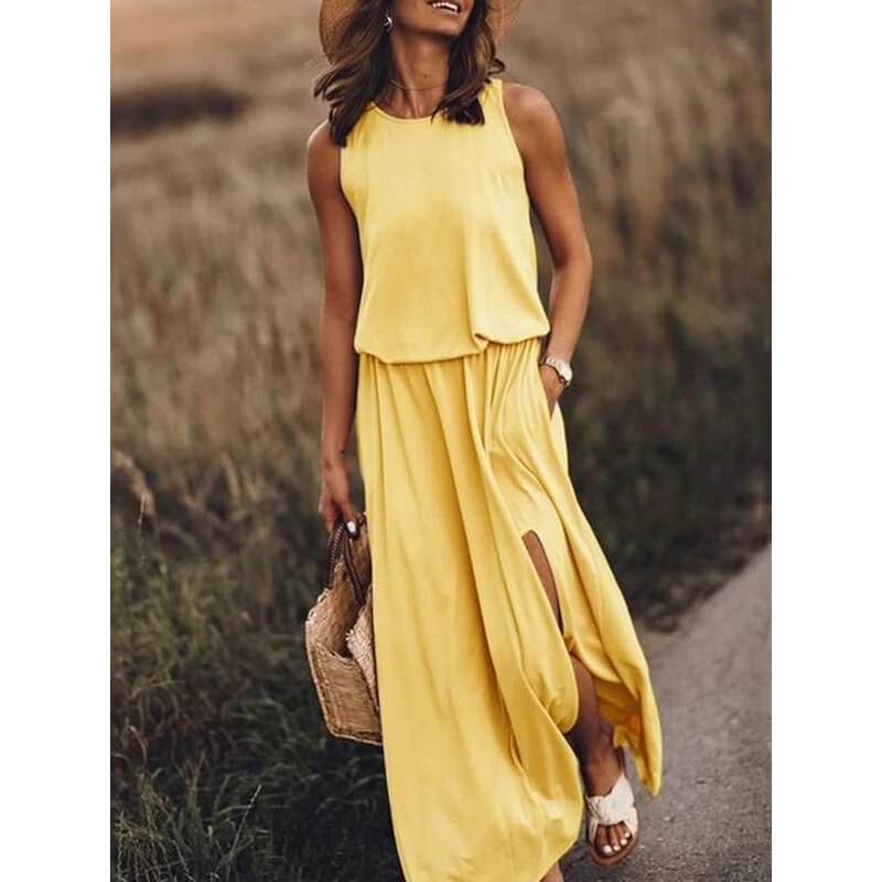 lovwvol lovwvol Summer Solid Long Dress Women Casual Sleeveless Elastic Waist Side Slit Maxi Dresses Female O-Neck Loose Tank Dress Sundress