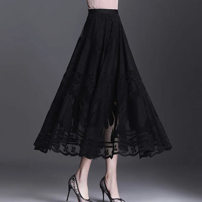 Lace Skirt Women's New A-word Long Skirt Big Swing Gauze Hollow Pleated Skirt