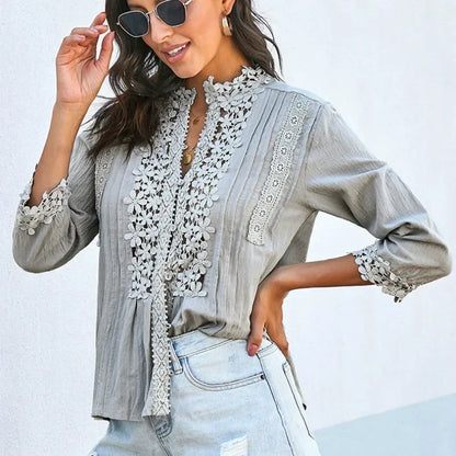 lovwvol Loose 3/4 sleeve lace blouses shirt women vintage cotton Button v neck causal boho blusa autumn blouse femme top