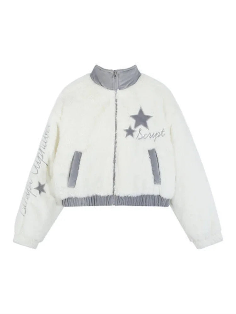 Harajuku Cropped Jacket Women Autumn Winter Vintage Zipper Fluffy Coat Y2k Aesthetic Star Embroidery Faux Fur Jackets