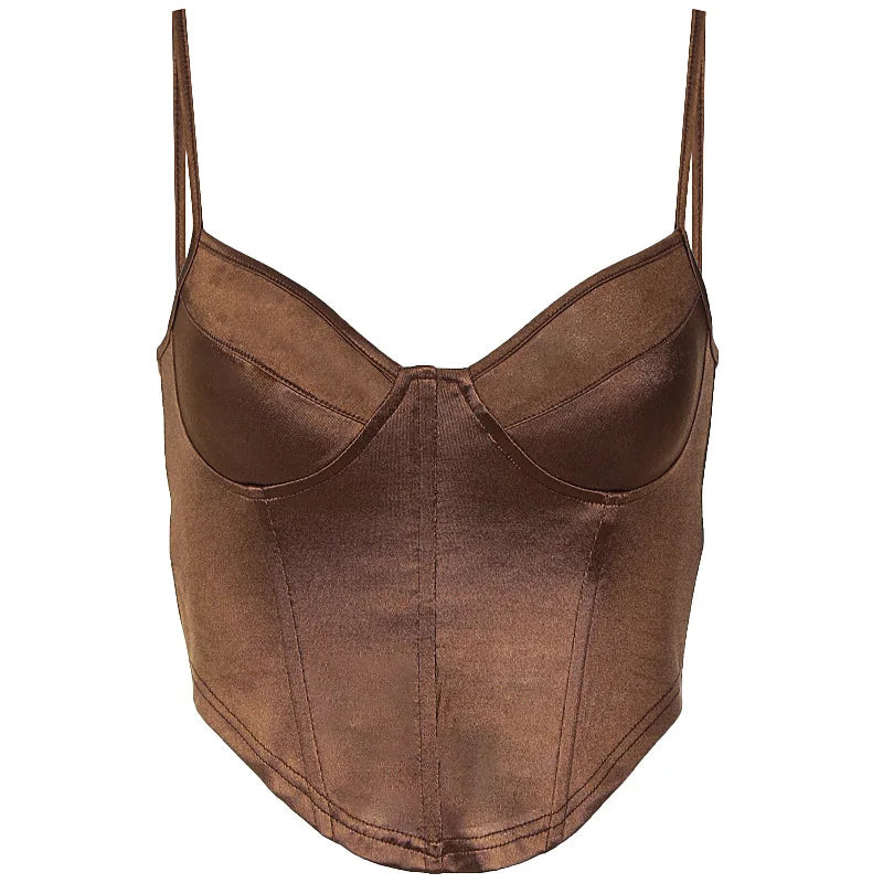 lovwvol Summer Women 90s style Silk brown V Neck Spaghetti Straps Corset Top Sleeveless Slim Sexy Backless Crop Cami Top 2000s