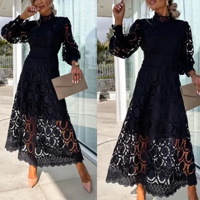 Spring New French Lace Dress For Women Elegant Stand Collar Commute Solid Color Long Sleeves Dresses Summer British Style dress