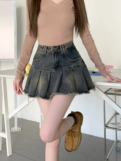 lovwvol Women's Summer Cute Denim Short Skirt High Waist Burr Edge Spliced Casual A-line Harajuku Korean Style Y2K Mini Pleated Skirt