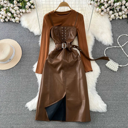 lovwvol Korean Fashion Casual Two Piece Set for Women Vintage Lace-up Strapless PU Leather Dress Sets High Street 2 Piece Suits Female