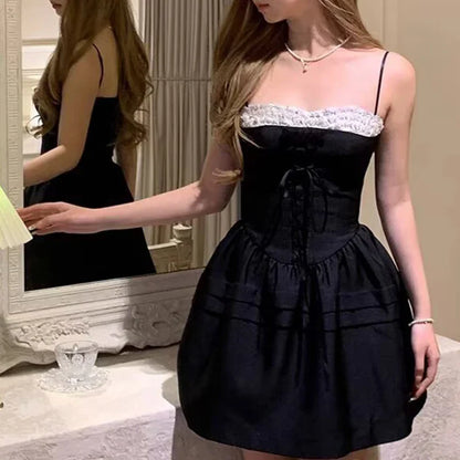 lovwvol Sexy Elegant Women Lace Trim Bow Bandage Spaghetti Strap Mini Dress Low Waist Summer Ladies Sweet Party Dresses Birthday Robe