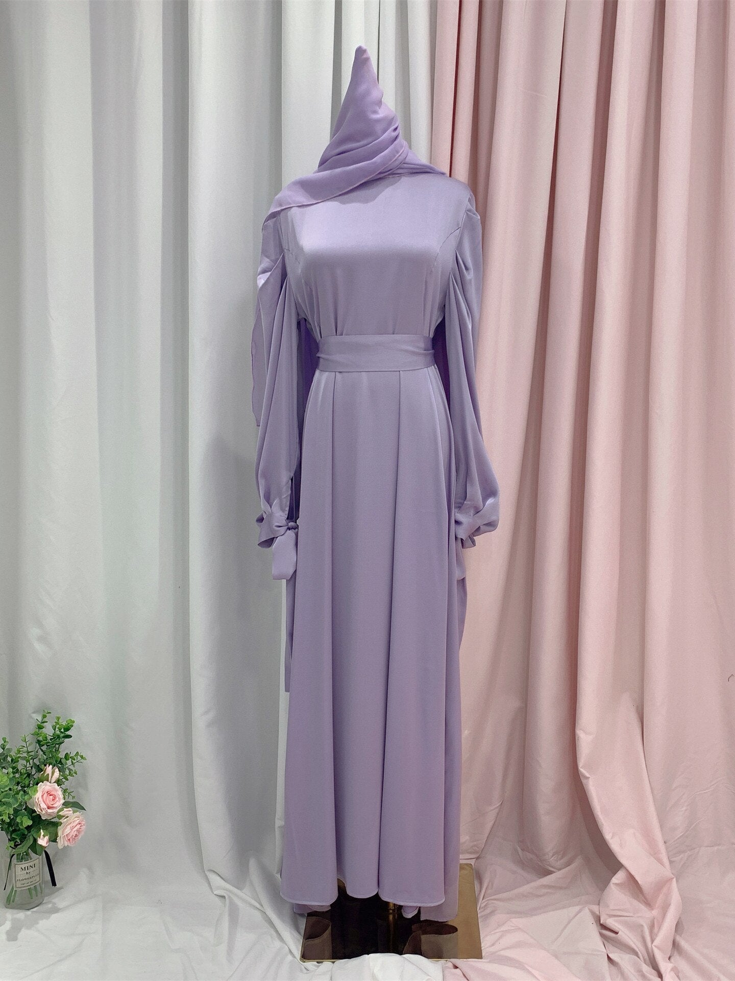 lovwvol Factory Ramadan Eid Djellaba Muslim Dress Dubai Soft Grosgrain Silky Abaya Dubai Turkey Muslim Dress Islam Robe With Belt WY715